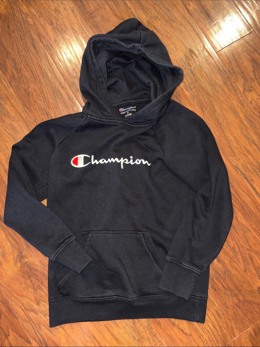 Champion Black Hoodie with White Script Logo Youth M